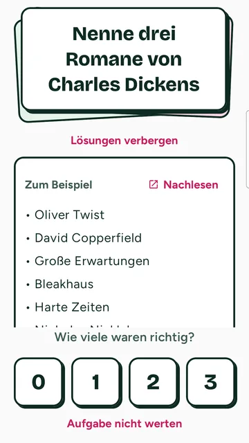 Bewertung mit aufgeklappten Musterlösungen wie „Oliver Twist“ und „David Copperfield“ und den Zahlkacheln 0 bis 3.