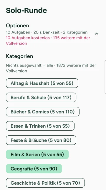 Auswahl der Kategorien wie Alltag & Haushalt, Film & Serien und Geografie, jeweils mit der Zahl der freien Aufgaben.