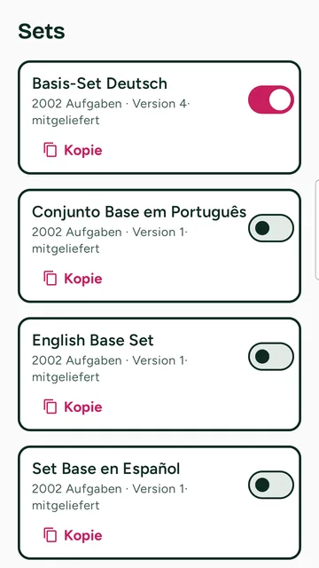Liste der Aufgabensets in Deutsch, Portugiesisch, Englisch und Spanisch mit Schaltern.