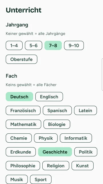 Unterricht: Auswahl von Jahrgang (1–4 bis Oberstufe) und Fach, etwa Deutsch, Geschichte oder Biologie.