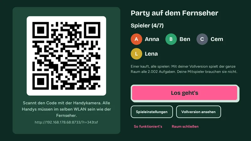 Fernseher: großer QR-Code zum Beitreten, daneben die Spieler Anna, Ben, Cem und Lena.