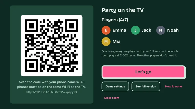 TV screen: a large QR code to join, next to it the players Emma, Jack, Noah and Mia.