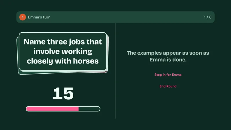TV screen: a task card with the countdown below it; the examples appear once the thinking time is over.