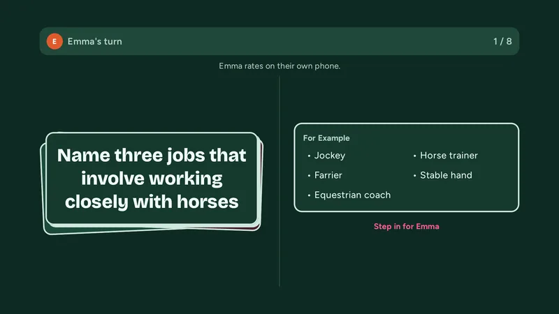 TV screen: the task with example answers; the player rates on their own phone.